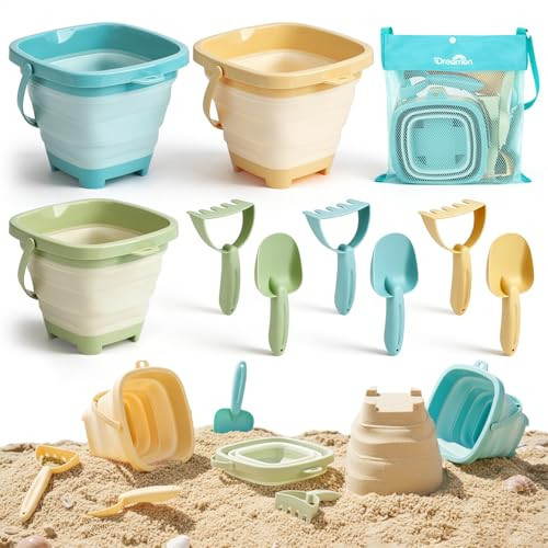 Dreamon Beach Toys, 3 Pack Collapsible Sand Buckets for Kids, Shovels & Rakes Set with Mesh Bag, Kids Beach Essentials Sandcastle Building Kit for Beach Trip Outdoor Play and Summer Fun | Amazon (US)