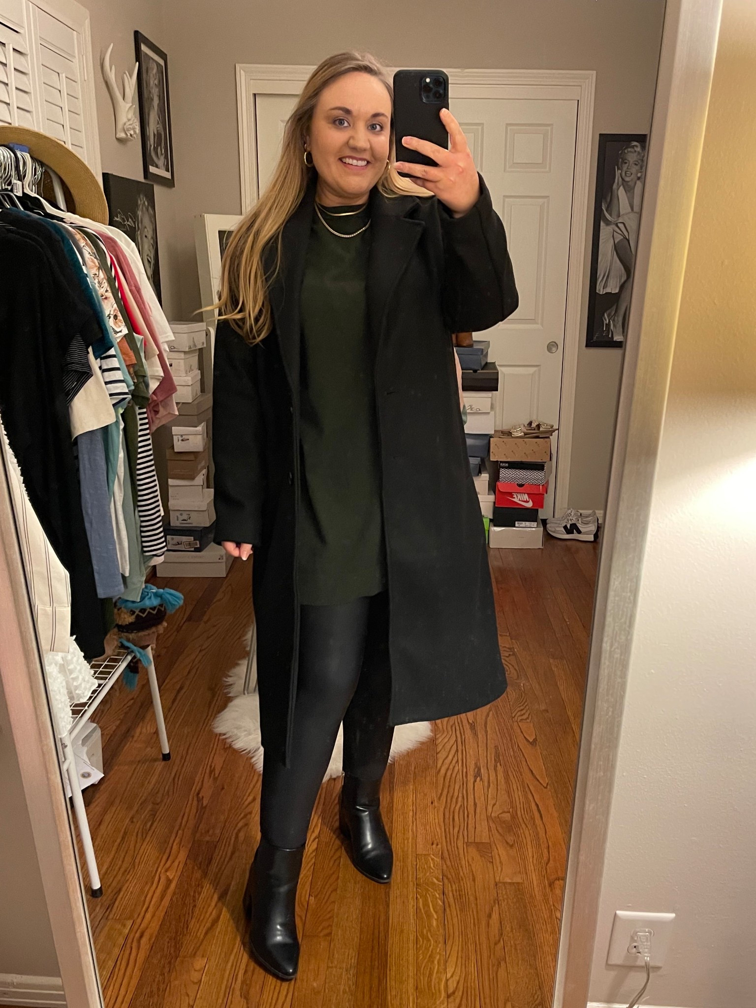 Black overcoat, old navy coat, long coat, black boots, ankle boots, black booties, pointed toe boots, spanx leggings, faux leather leggings, black leggings, gold necklaces, gold hoops, gold earrings, electric picks, fall style, fall outfit, sweater dress, tunic dress, olive dress, olive sweater dress

#LTKFindsUnder100 #LTKPetite #LTKMidsize