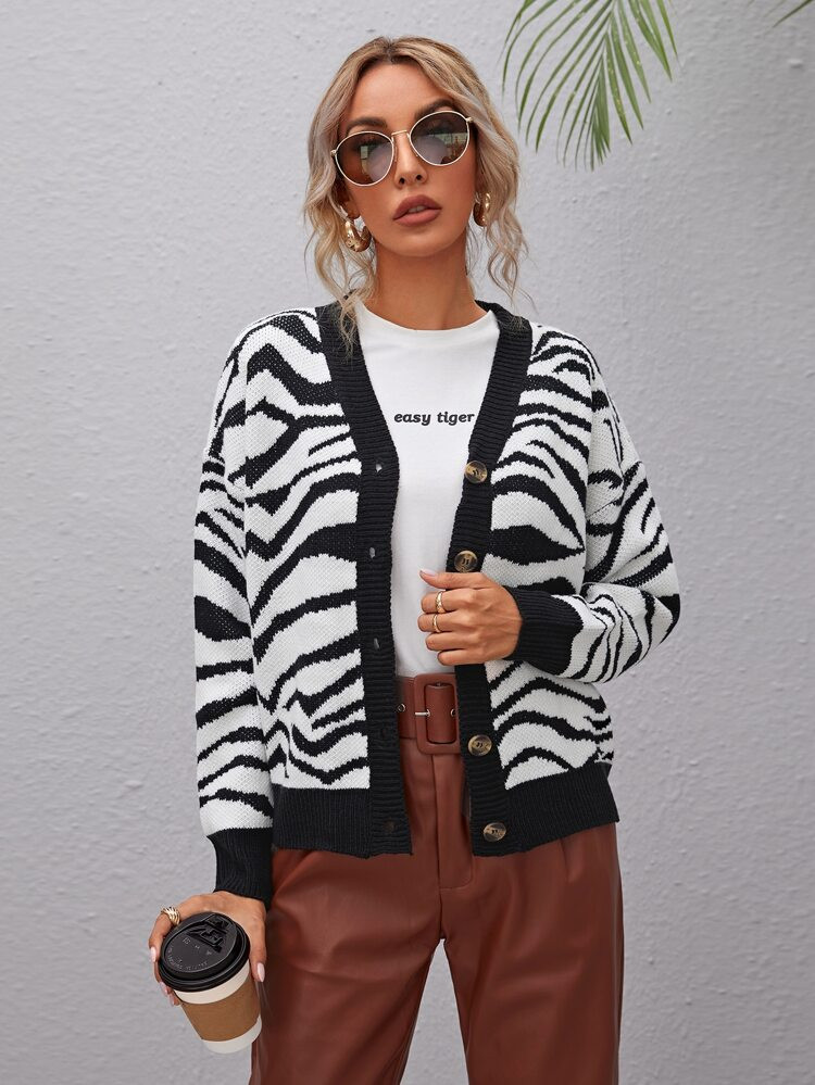 Drop Shoulder Zebra Striped Cardigan | SHEIN