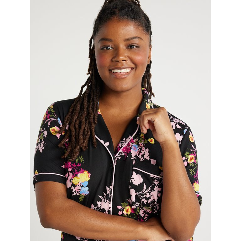 Joyspun Women's Knit Notch Collar Top and Capri Pants Pajama Set, 2-Piece, Sizes S to 3X | Walmart (US)