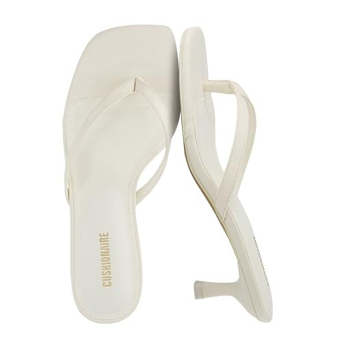 CUSHIONAIRE Miami Kitten Heels for Women, Thong Flip Flop Heeled Sandals with Memory Foam, Slip On Dressy Sandal, IVORY 8.5 | Amazon (US)