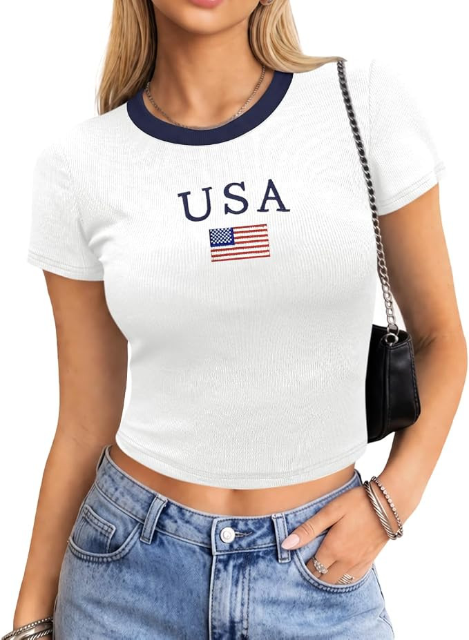 Women's 4th of July Crop top American Flag Embroidery Y2K USA Patriotic Ribbed Short Sleeve Shirt... | Amazon (US)