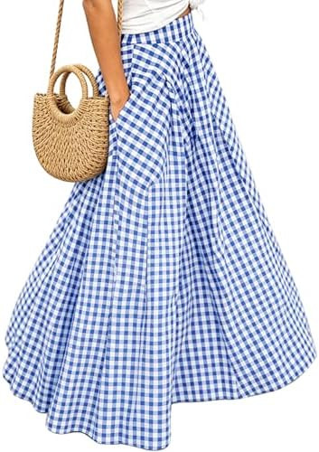 WOWULOVELY Women's Plaid Gingham Maxi Skirt with Pockets High Waist A Line Pleated Flared Gingham... | Amazon (US)