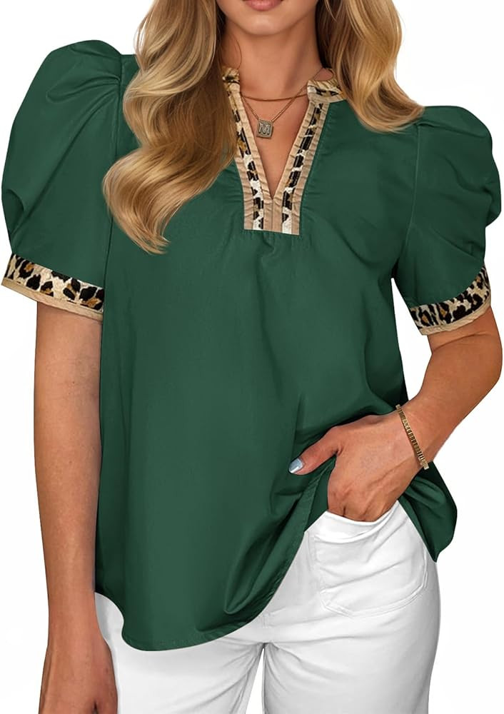 Tankaneo Womens Puff Sleeve Tops Summer Leopard V Neck Color Block Blouse Dressy Casual Loose Fit... | Amazon (US)