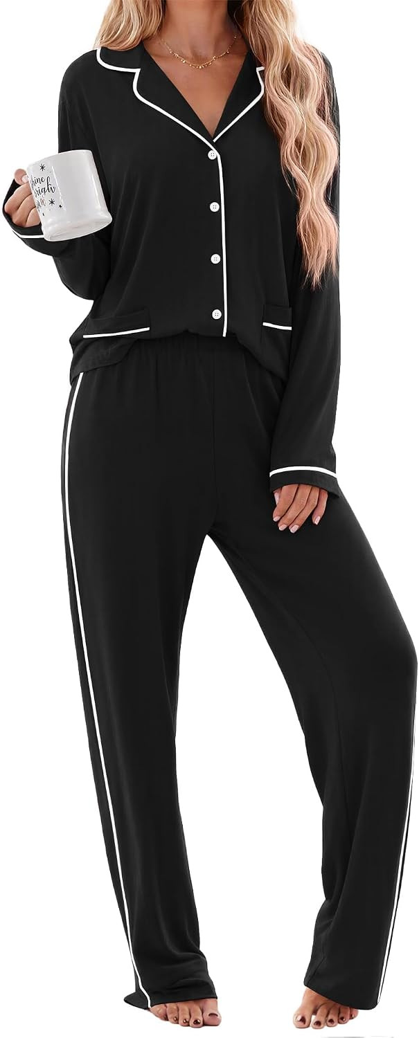 Ekouaer Womens Cotton Pajamas Set Long Sleeve Button Down Pjs with Pockets | Amazon (US)