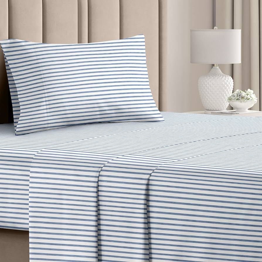 Striped Bed Sheets - Pin Striped Sheets - Blue and White Sheets - White and Blue Striped Sheets -... | Amazon (US)