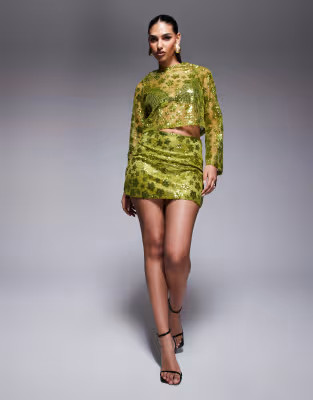 ASOS DESIGN long sleeve crochet floral sequin backless top and mini skirt set | ASOS (Global)