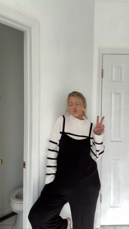 Postpartum outfit: black jumpsuit + black and white striped sweater 

#LTKstyletip #LTKfindsunder100