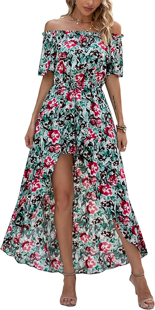 Women's Off Shoulder Floral Flowy Party Split Maxi Romper Dress Long Summer Beach Sundress | Amazon (US)