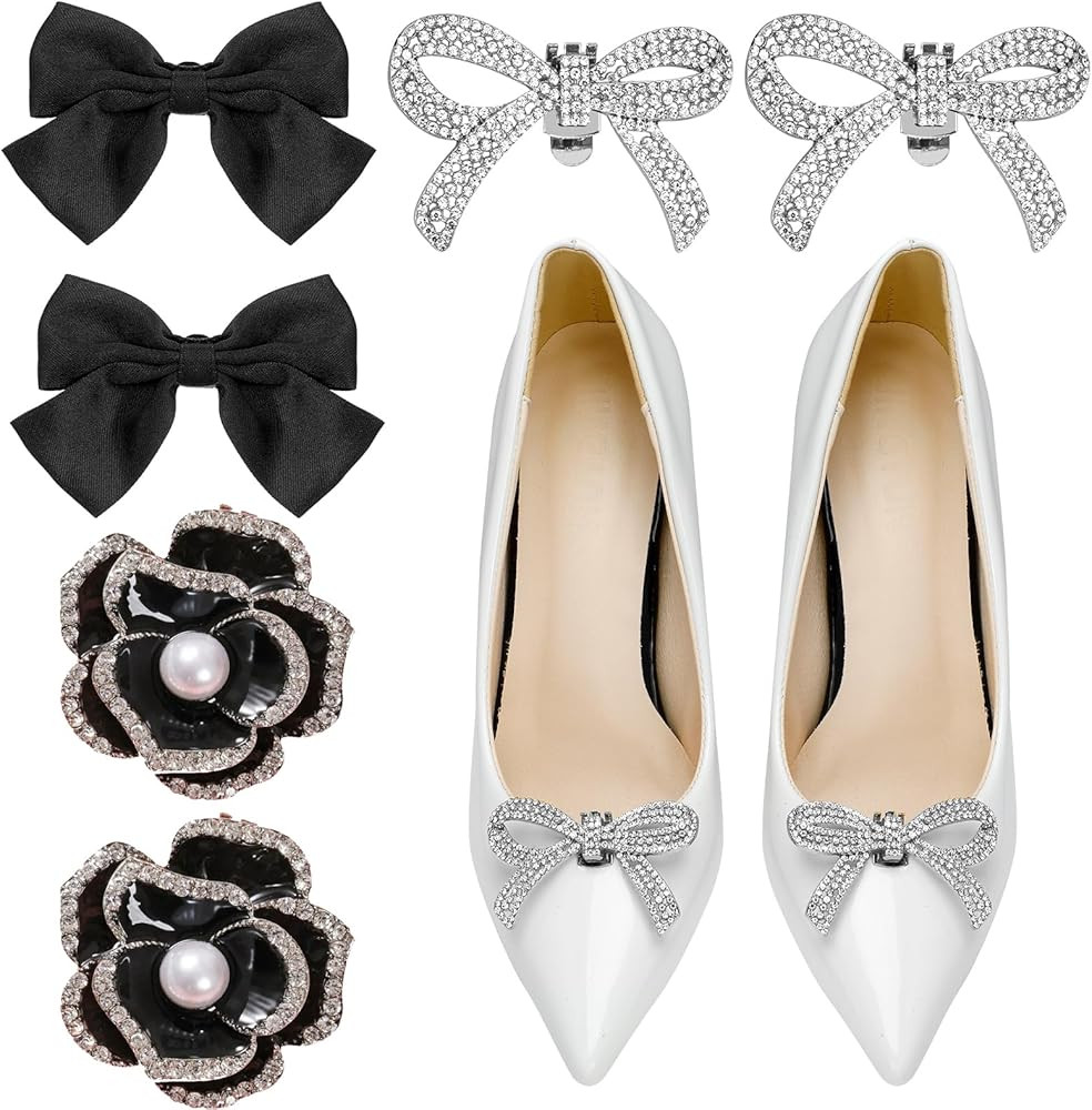 6Pcs Bow Shoe Clips 3 Styles Rhinestone Shoe Buckle Black Satin Bow Shoe Buckle Clips Fashion Bri... | Amazon (US)