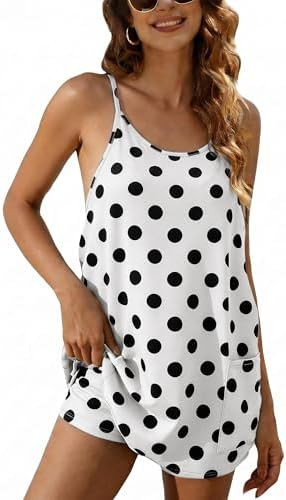 Athlisan Womens Polka Dot Athletic Tennis Mini Dress V Neck Spaghetti Strap Sundress Built in Sho... | Amazon (US)