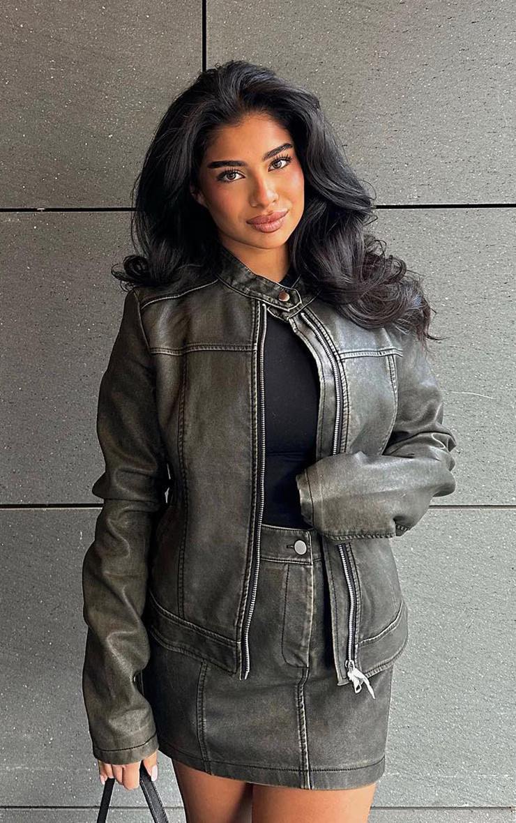 Brown Washed Faux Leather Oversized Seam Jacket | PrettyLittleThing US