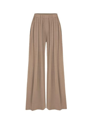 CIDER Wide Leg Palazzo Pants for Women with Pockets Elastic Business Causal Pants Women Summer for Beach Travel Trousers Coffee | Amazon (US)