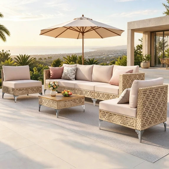 SUMMIT LIVING 4-Piece Outdoor Patio Conversation Set-All-Weather Rattan 4-Seat Sofa & 2 Armless C... | Walmart (US)