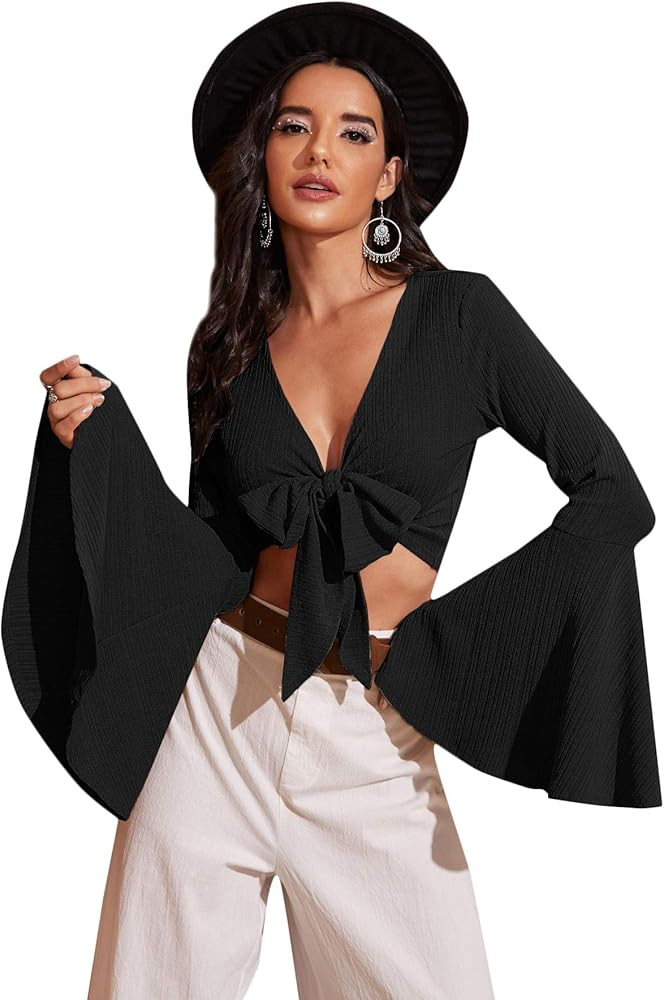 Verdusa Women's Long Bell Sleeve V Neck Tie Front Rib Knit Crop Top Blouse | Amazon (US)