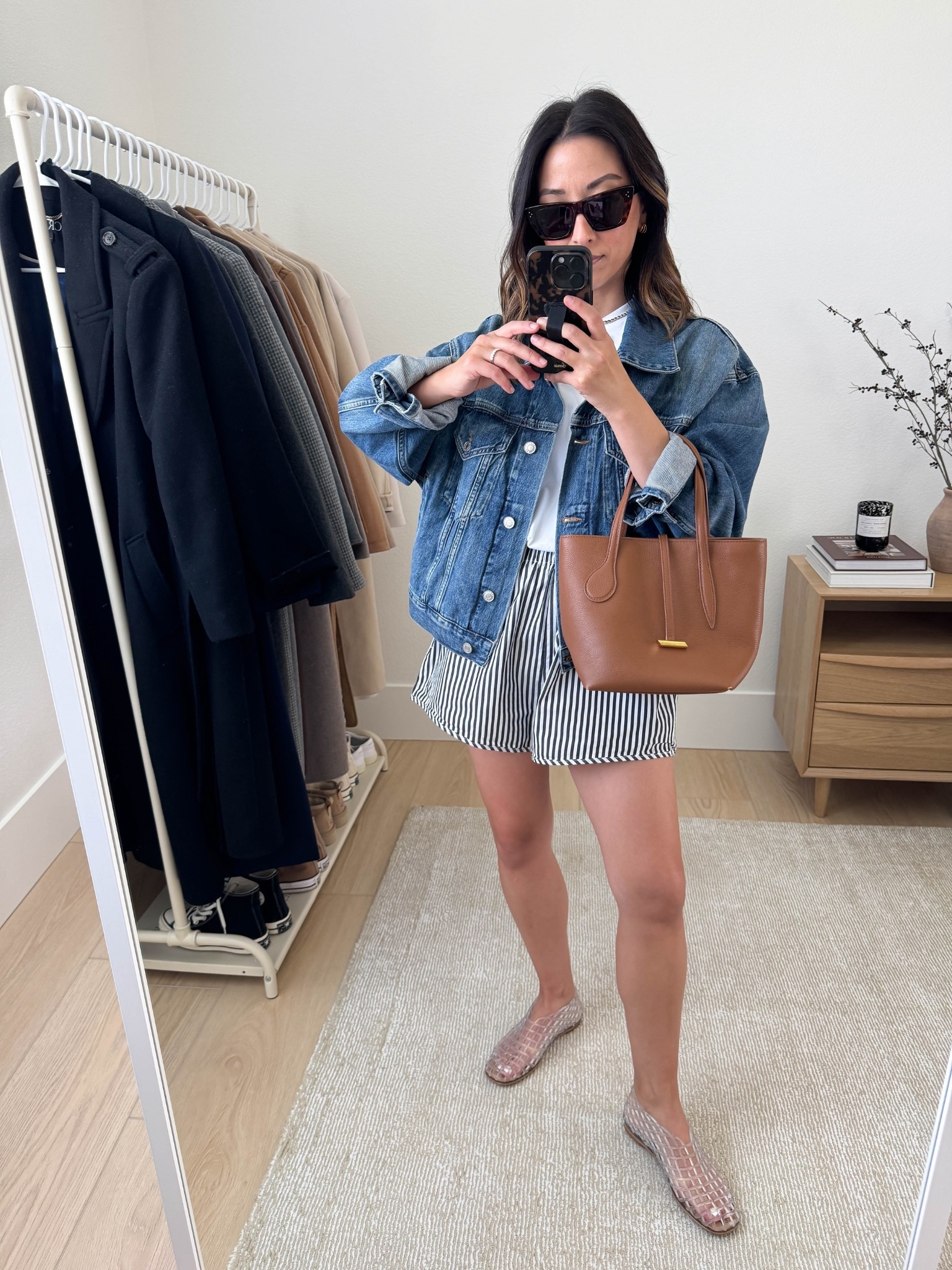 Summer shorts. Summer short outfit ideas. Absolutely love these poplin boxer shorts. 

AGOLDE denim jacket (old)
Everlane tee medium
Recreational Habits shorts small
Amazon jelly flats 5.5
Liffner bag
Celine sunglasses 

Petite style, spring style, spring outfits 2026


#LTKootd #LTKPetite #LTKmomlife