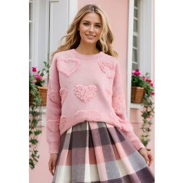 Pearl Trim Heart Jacquard Oversized Knit Sweater in Pink | Chicwish