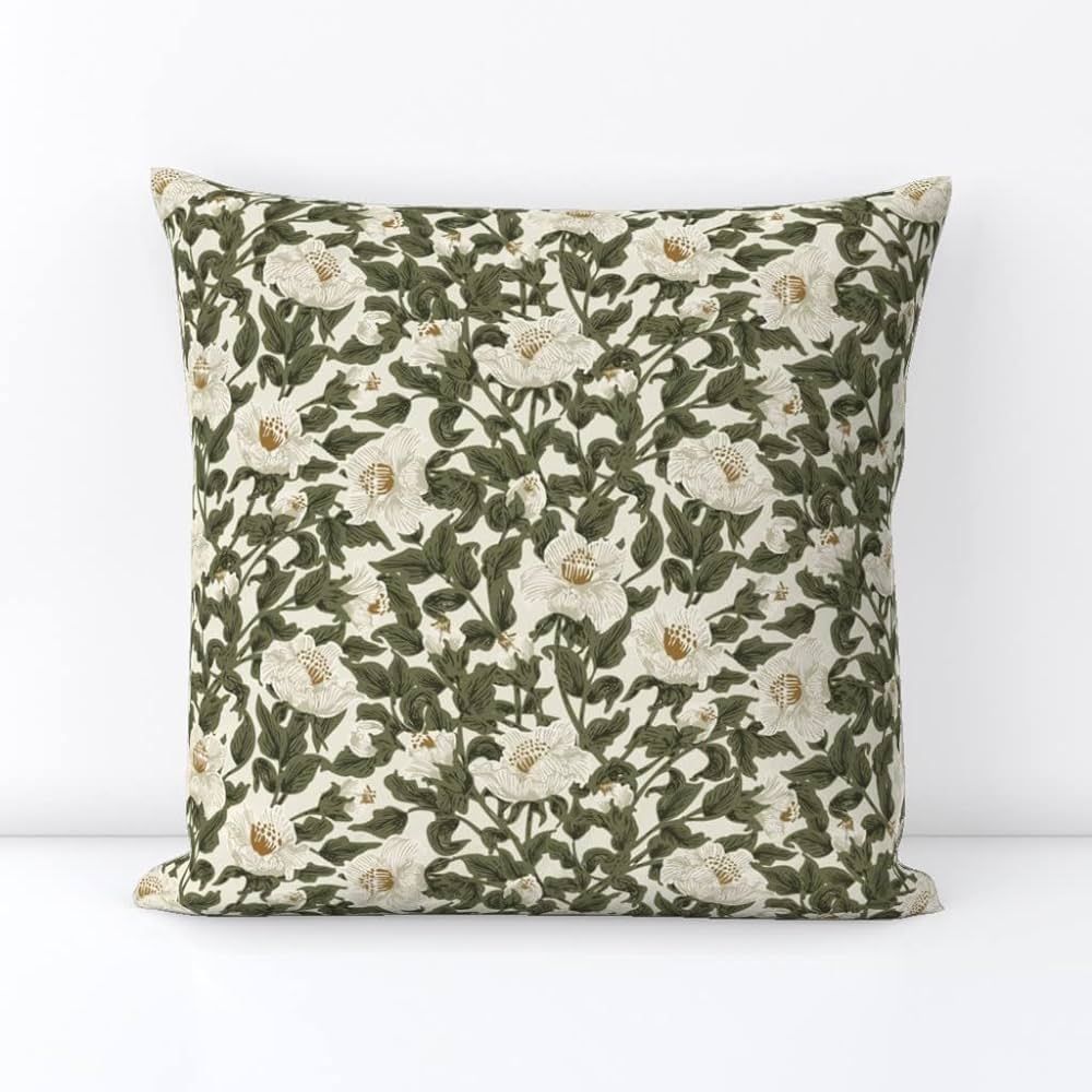 Spoonflower Square Throw Pillow, 18", Linen Cotton Canvas - Garden Cream Olive Green Vintage Flow... | Amazon (US)