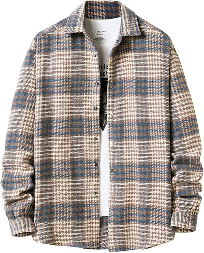 Amazon.com: Locachy Men's Casual Cotton Plaid Shirts Long Sleeve Button-Down Flannel Overshirt Ja... | Amazon (US)