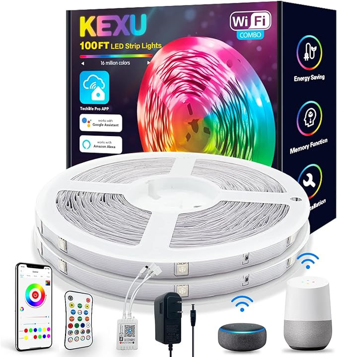 KEXU LED Lights for Bedroom 100 ft Voice Control Smart WiFi LED Lights Work with Alexa Google Hom... | Amazon (US)