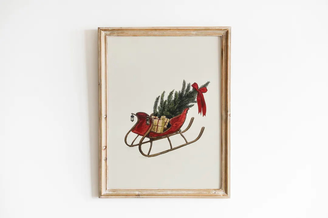 Printable Christmas Sleigh Wall Art, Digital Print Winter Rustic Wall Decor, Christmas Tree Paint... | Etsy (US)