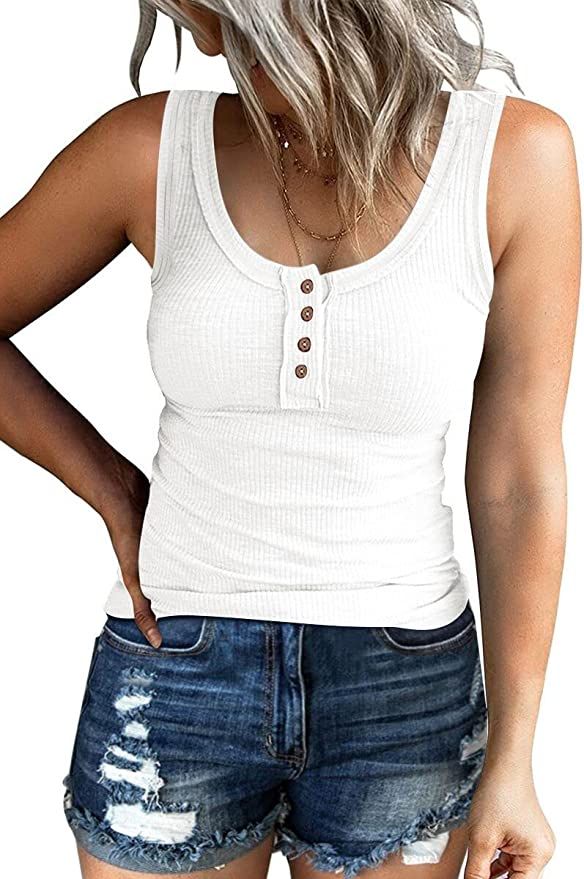 Kissfix Women Tank Tops Summer Casual Ribbed Sleeveless Basic Cami Top Slim Henley Button Down Bl... | Amazon (US)