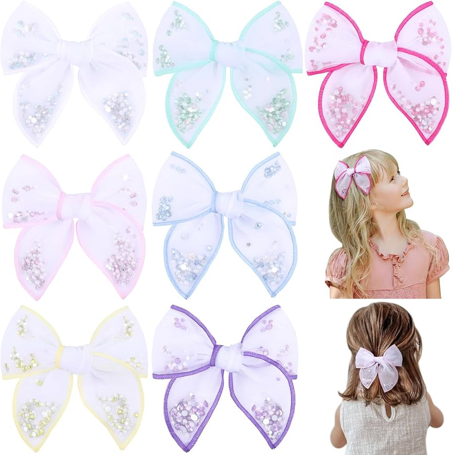 7 PCS Tulle Hair Bows for Girls, TOKUFAGU Toddler Bows with Pearl & Rhinestone, Colorful Hair Bar... | Amazon (US)