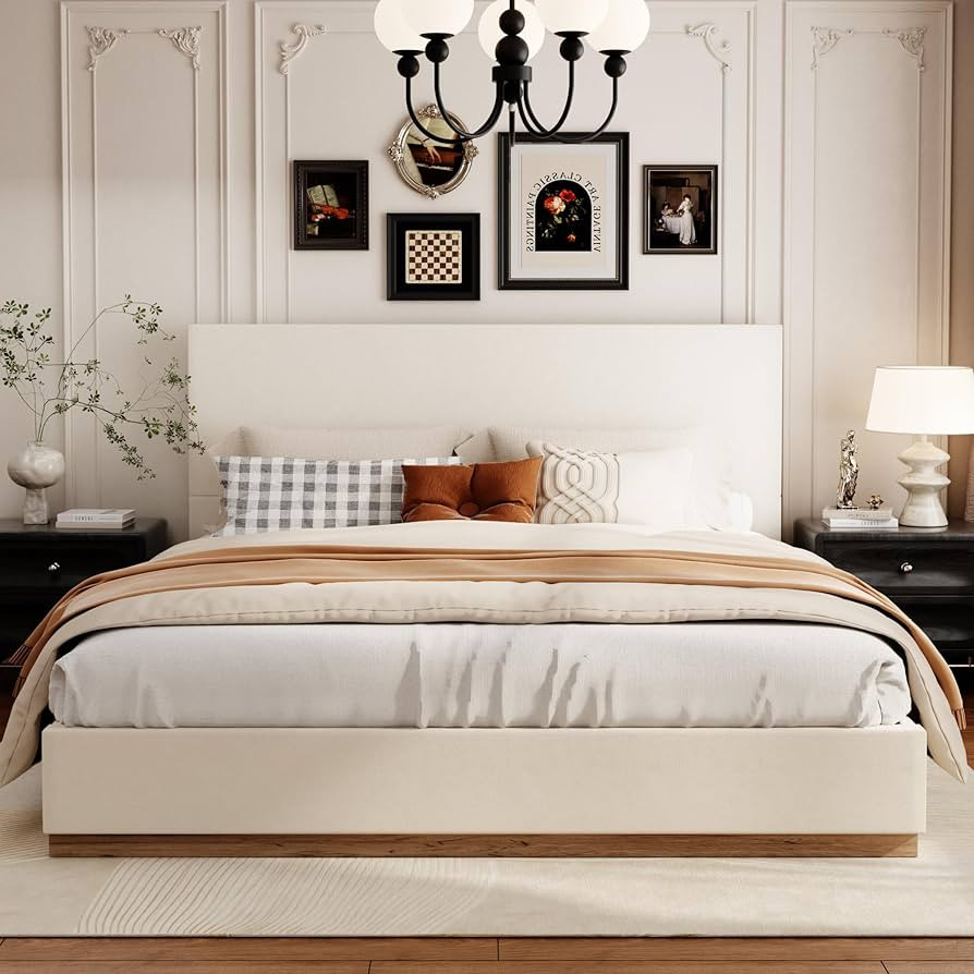 GLOLLOSPARK King Bed Frame with Headboard, Velvet Upholstered Floor Platform Bed with Enclosed Wo... | Amazon (US)