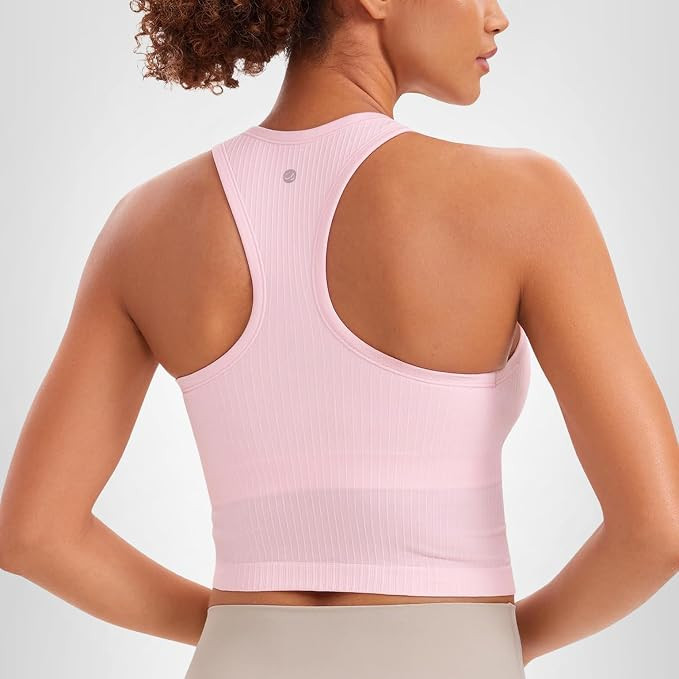 CRZ YOGA Seamless Ribbed High Neck Crop Tank Tops for Women - Longline Racerback Padded Sports Br... | Amazon (US)