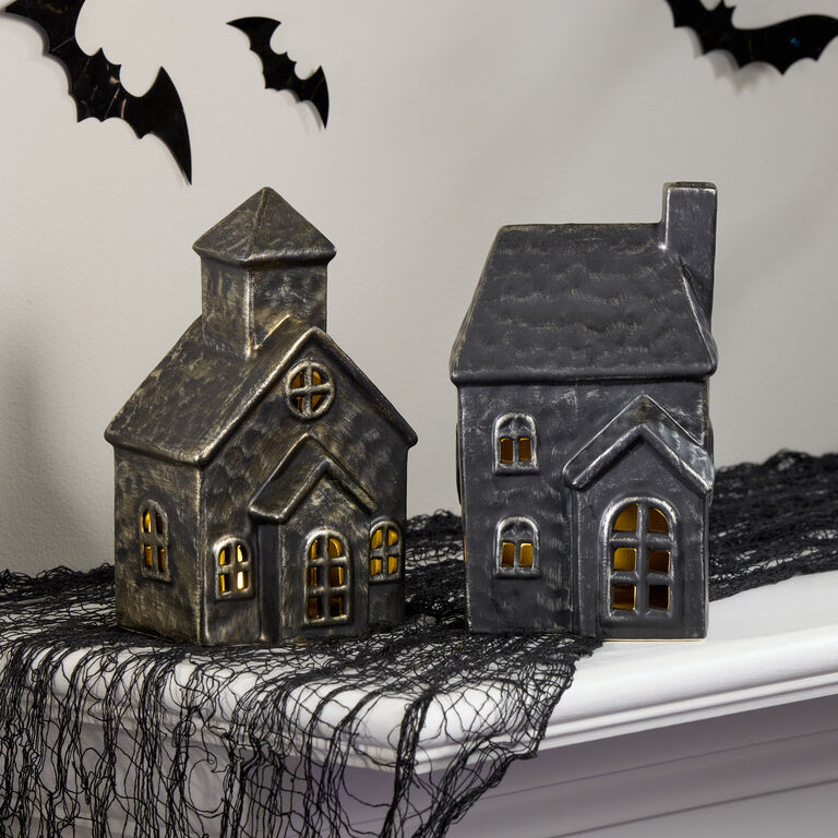 Antique Black Ceramic House LED Light Up Decor with Timer Set of 2 | World Market
