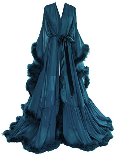 Womens Sexy Feather Bridal Robes Chiffon Maternity Robes for Photoshoot Long Nightgown Bathrobe Sleepwear Teal XXL | Amazon (US)