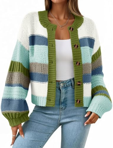 Saodimallsu Womens Striped Chunky Cardigan Sweaters Button Up Fall Trendy Color Block Long Sleeve Knit Sweater Coats Blue | Amazon (US)