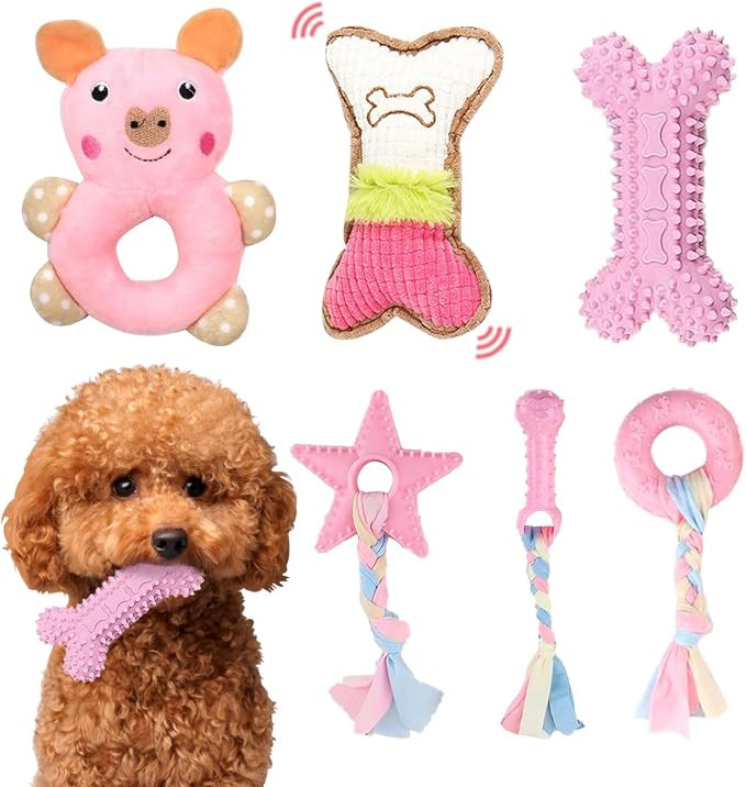 6 Pack Puppy Toys for Teething Small Dogs, Cute Pink Dog Chew Toys for Puppies, Soft Squeaky Dog ... | Amazon (US)