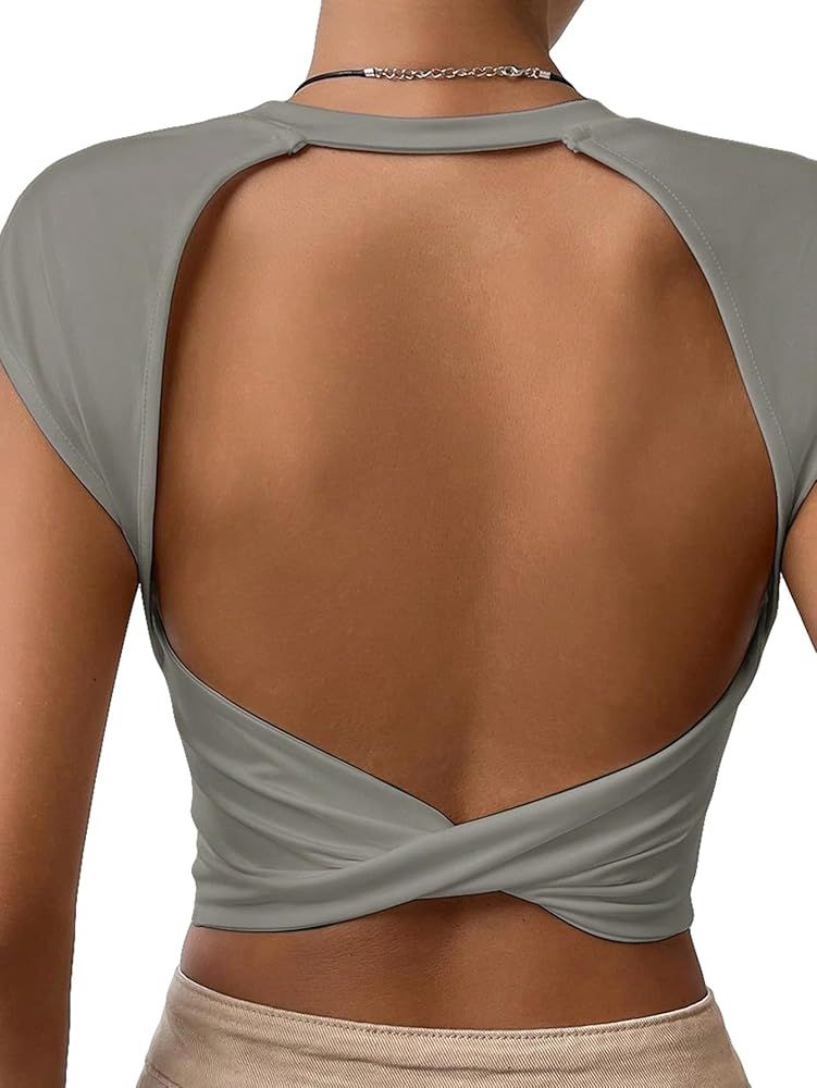 SweatyRocks Women's Cap Sleeve Crewneck Twist Backless Slim Fit Solid Crop Tee Top | Amazon (US)
