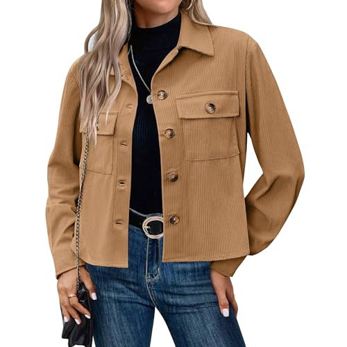 FQFGGYD Corduroy Jacket Women Fashion Cropped Shackets Button Down Long Sleeve Shirts Jackets Trendy Fall | Amazon (US)
