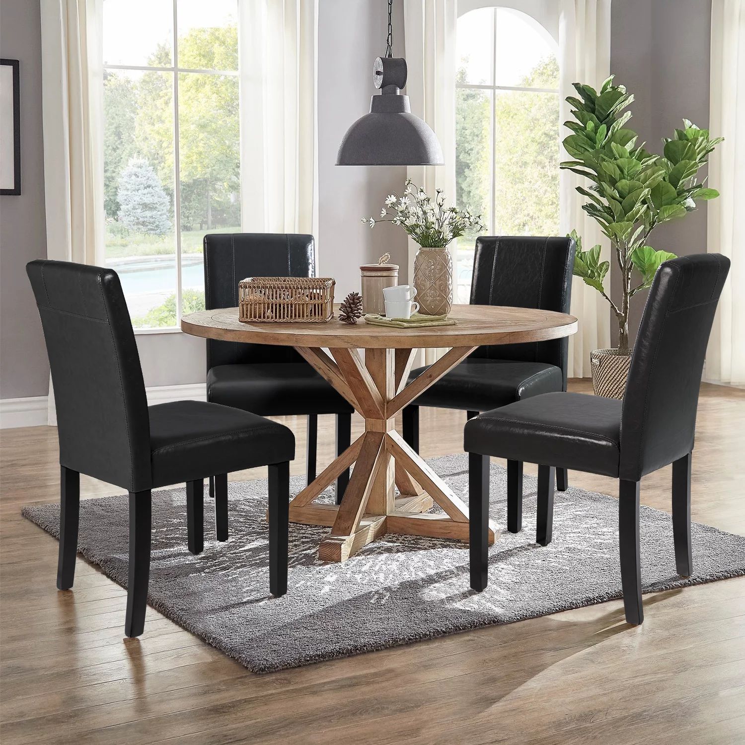 Lacoo Set of 4 Urban Style PU Leather Dining Chairs with Wood Legs, Black | Walmart (US)