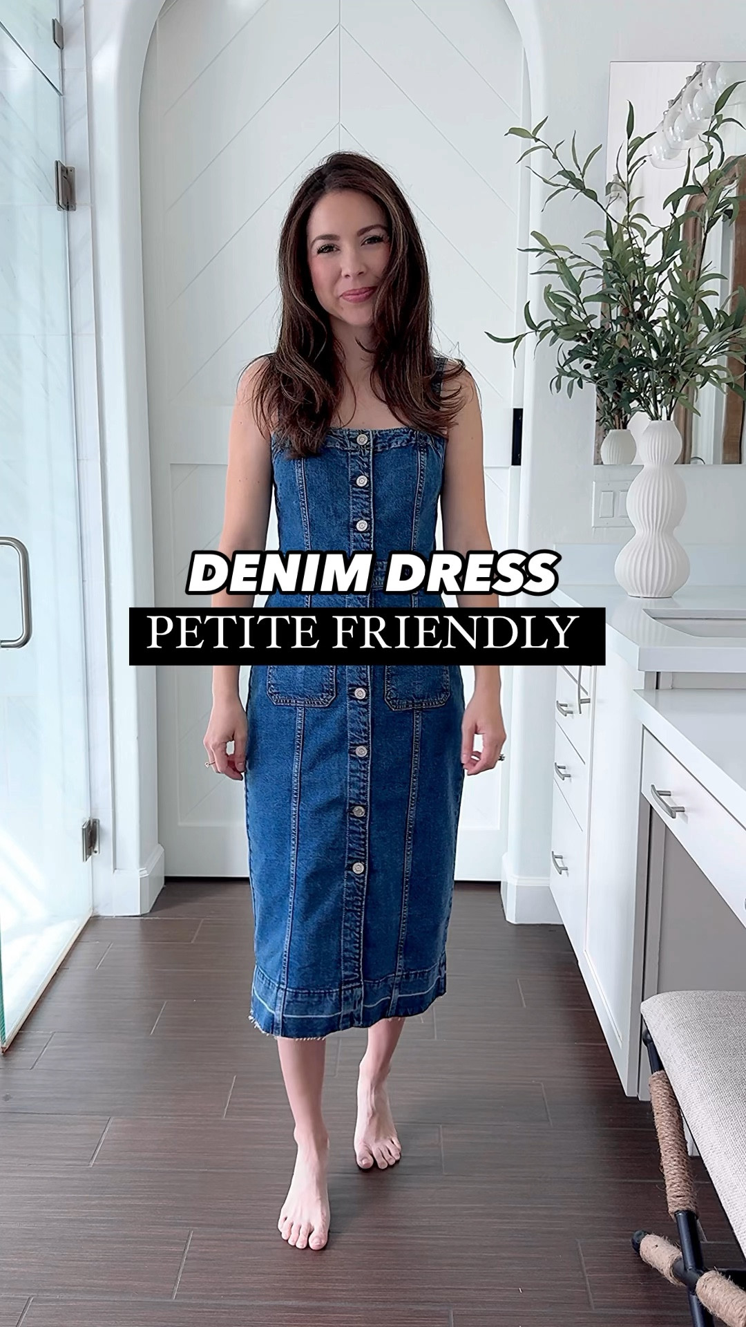 Petite friendly denim midi dress - wearing a size o petite  in this dress and I’m 5ft2 - sandals from Amazon size 5 - Kendra scott necklaces and privada bucket bag 

#LTKVideo #LTKfindsunder100