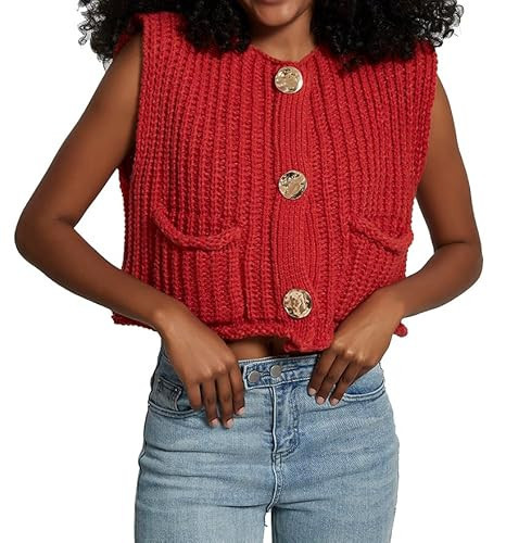 Women's Sleeveless Crochet Knit Top Vest Chunky Casual Fashion Button Down Open Front Sweater Vest Crop Tops with Pockets (Red, L) | Amazon (US)