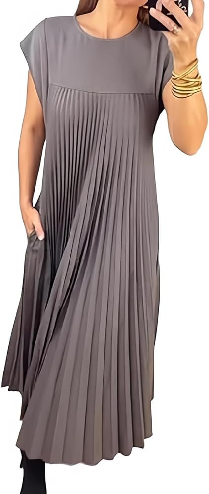 Womens Summer Cap Short Sleeve Maxi Dress 2024 Pleated Casual Loose Long Dresses with Pockets | Amazon (US)