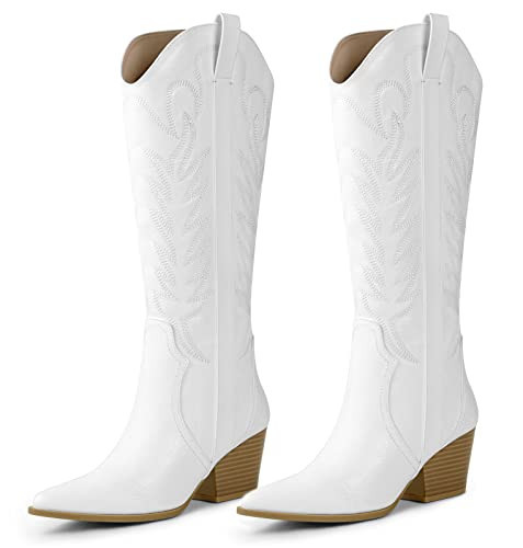 Arromic White Cowgirl Boots, Embroidered Western Cowboy Boots for Women Knee High Tall Pointed Toe Pull On Zipper Stitching Chunky Heel Fashion Booties | Amazon (US)