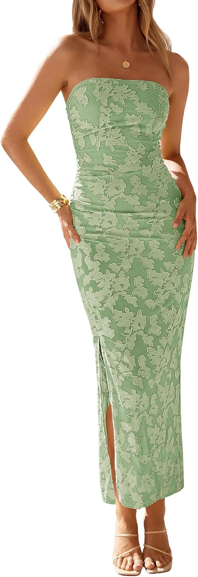 ZESICA Womens 2026 Summer Floral Strapless Maxi Dress Bodycon Side Slit Mesh Formal Cocktail Part... | Amazon (US)