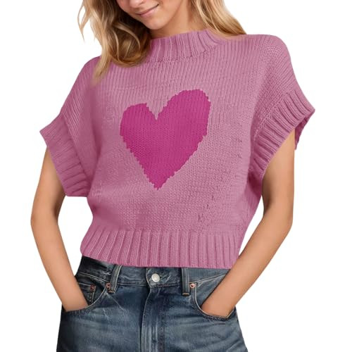 Saodimallsu Womens Cap Sleeve Cropped Sweater Mock Neck Cute Heart Loose Valentine Knit Tank Tops Pink | Amazon (US)