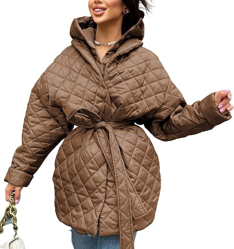 BTFBM Women Button Down Quilted Jacket Coat Winter Fashion Belted Removable Padded Hood Puffer Outer | Amazon (US)