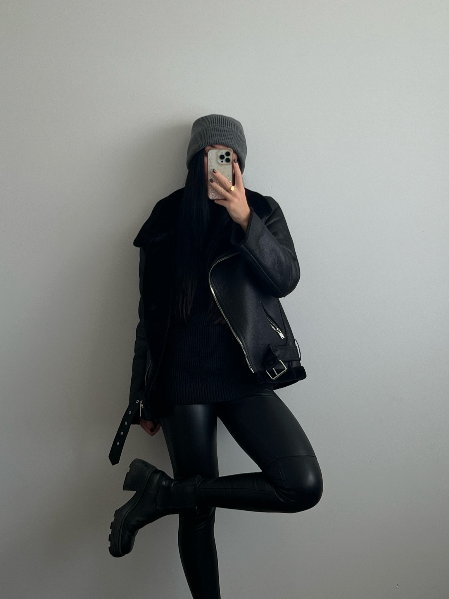 All black outfit featuring black sweater, aviator jackets, leather leggings, and big boots #winteroutfit #aviatorjacket #leatherleggings #greyhat 

#LTKGiftGuide #LTKSeasonal #LTKstyletip
