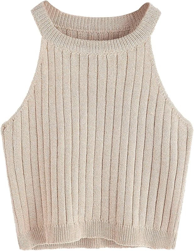 Women's Knit Crop Top Ribbed Sleeveless Halter Neck Vest Tank Top | Amazon (US)