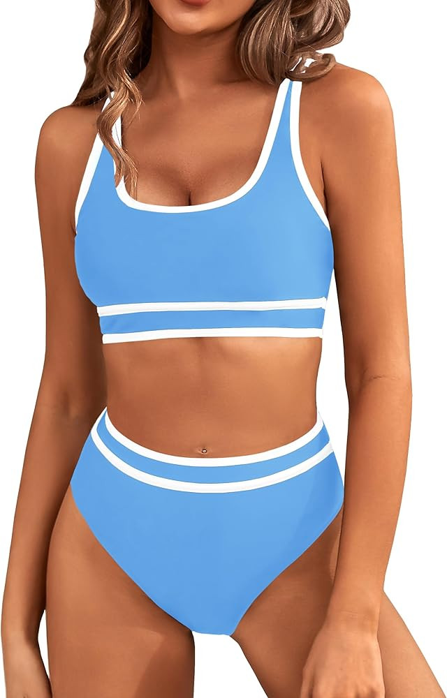 BMJL Women's High Waisted Bikini Sets Sporty Two Piece Swimsuits Color Block Cheeky High Cut Bath... | Amazon (US)