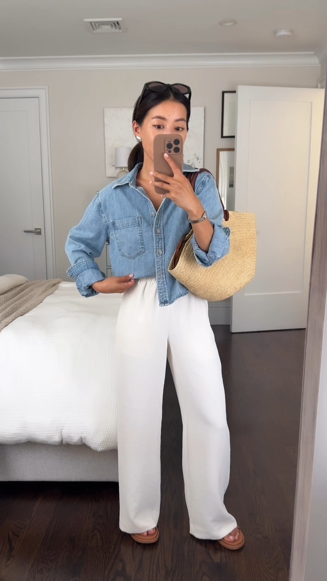 Favorite petite friendly denim shirt jacket restocked! Have been wearing this so much for travel and as a light layer for all my outfits 

• Aritzia lodge pull on crepe pants in light birch xxs short. Elevated fabric. Don’t wrinkle and comfy for travel too.

XXs short has a 9.5” rise and 27.5” inseam.

FYI if your legs are tan, then the pocket lining lines can be seen through a bit on the white, so I’d recommend a slightly darker color like Marcona beige) or Navy which is super versatile and low maintenance!

• Aritzia denim crop shirt xxs - one of my petite friendly must haves. My color here is called 7 years Bleu Taboo

• Sezane woven basket tote 

#LTKPetite #LTKTravel