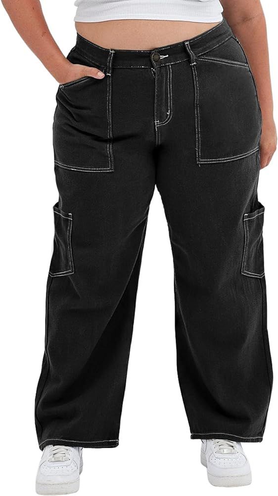 Eytino Womens Plus Size Cargo Pants High Waisted Stretch Wide Leg Baggy Pants Casual Trousers wit... | Amazon (US)
