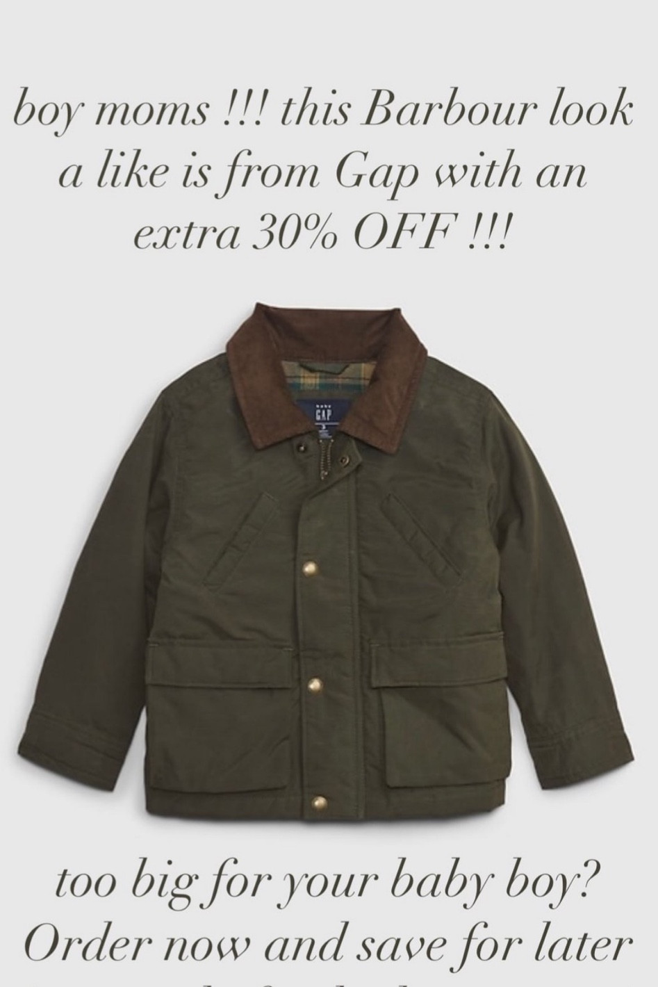 This Gap waxed canvas jacket is giving allll the fall vibes as Barbour for way less!! Grab it for your baby boy & save for later 😍 

#ltkgapbaby #gap #lookforless #barbour #southern 

#LTKFind #LTKkids #LTKSale