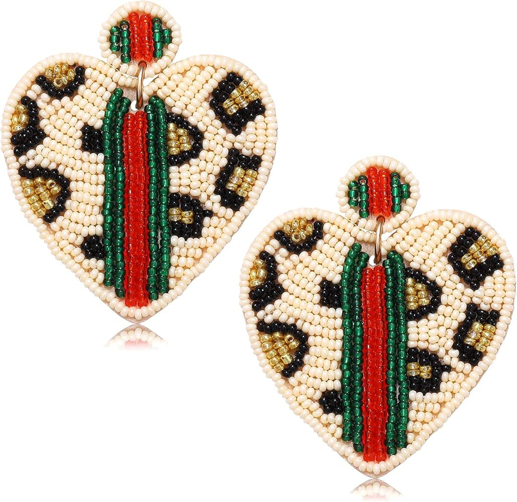 Beaded Dangle Earrings for Women Leopard Pattern Bead Heart Earrings Boho Statement Drop Earring Stu | Amazon (US)